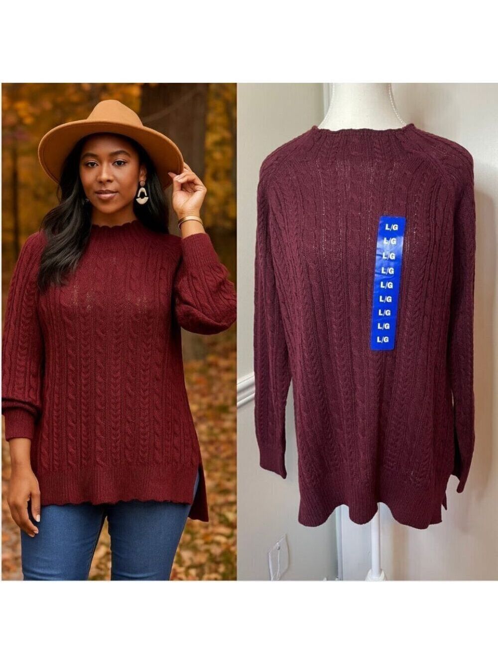 🐈NWT bleu:gray Cable Knit Lightweight Burgundy Sweater L